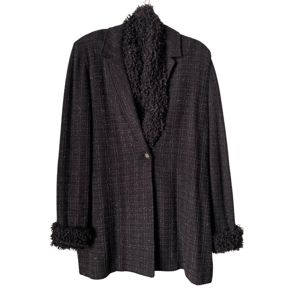St John Blazer‎ Womens Size 10 Brown Metallic Knit Tweed Fringe Jacket Preppy
